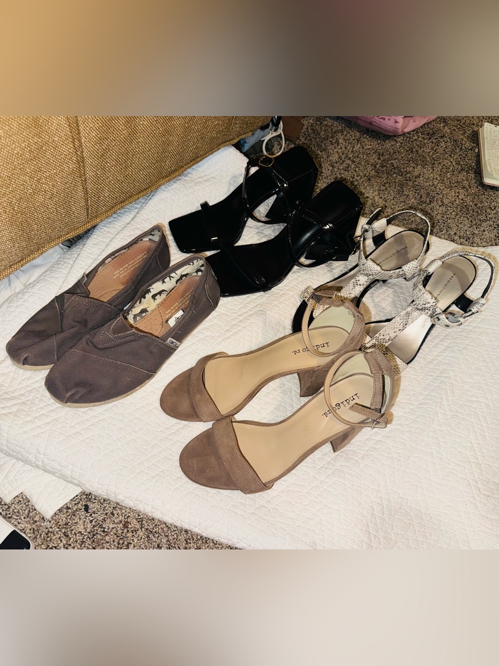 👑  Bundle of 4 Pairs of Heels Taupe Suede-Look Ankle Strap Block Heels